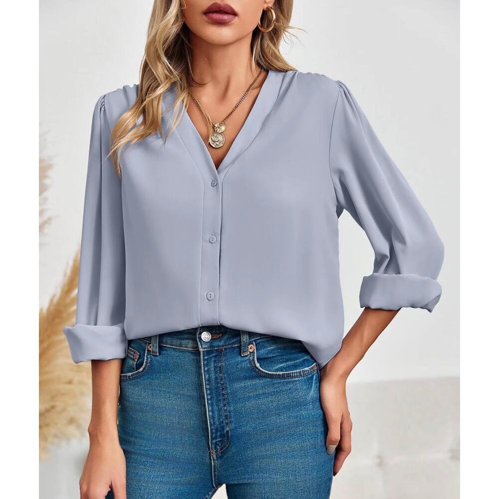 Imily Bela Boutique Blue Bishop Sleeve V-Neck Blouse Large